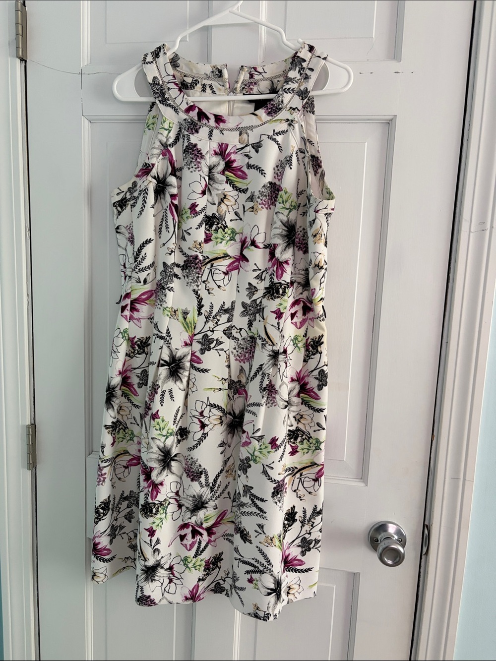 White House Black Market White Floral Midi Dress with Pink & Green Blooms